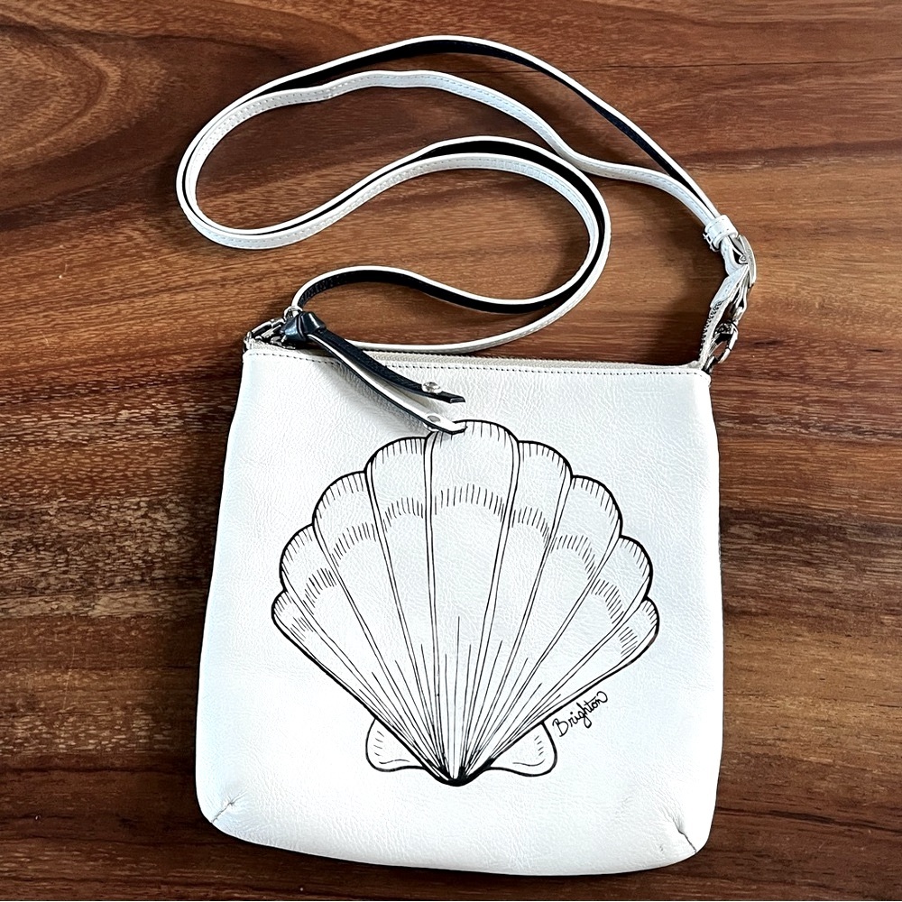 BRIGHTON Leather Mini Crossbody Bag |Seashell Graphic | Cream Navy Coastal Chic - Picture 16 of 16